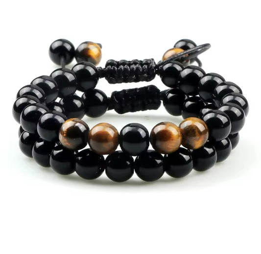 Schaaf & Stone™ Set van 2 Verstelbare Onyx Tijgeroog Armbanden