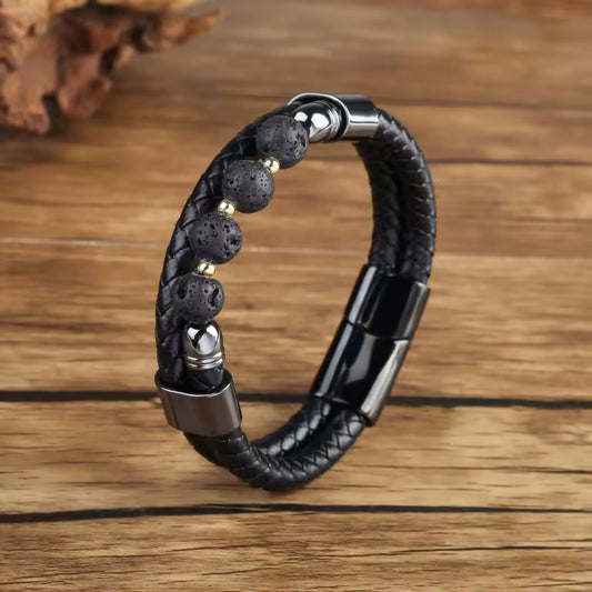 Feng Yue Punk Armband met Natuursteen & Lederen Bedels