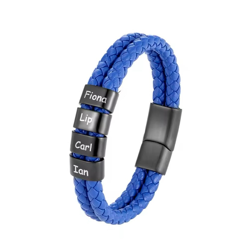 Personaliseerbare Familienaam Armband voor Mannen – Blauw Gevlochten Leer met Roestvrijstalen Bedels