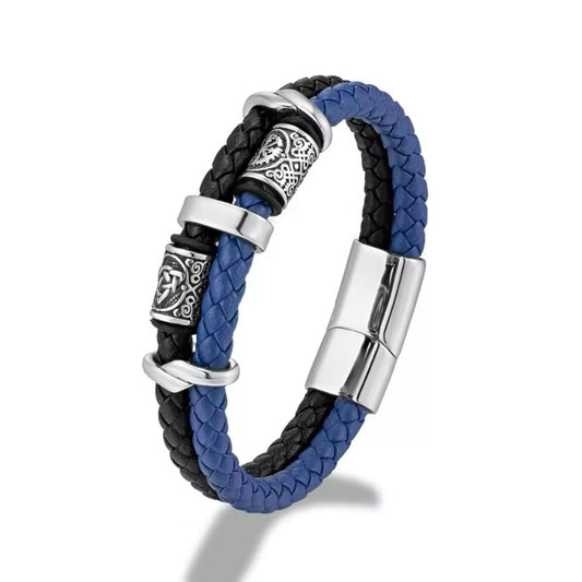 Viking Kompas Armband Blauw– Roestvrij Staal & Gevlochten Lederen Amulet met Norse Runen