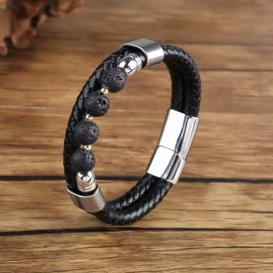 Feng Yue Punk Armband met Natuursteen & Lederen Bedels - Zilverkleur