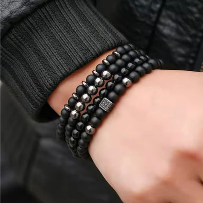 Unieke Mannen Armband Set – Zwarte Onyx & Hematiet Kralen, Healing Braclet met Luxe Zirkonia