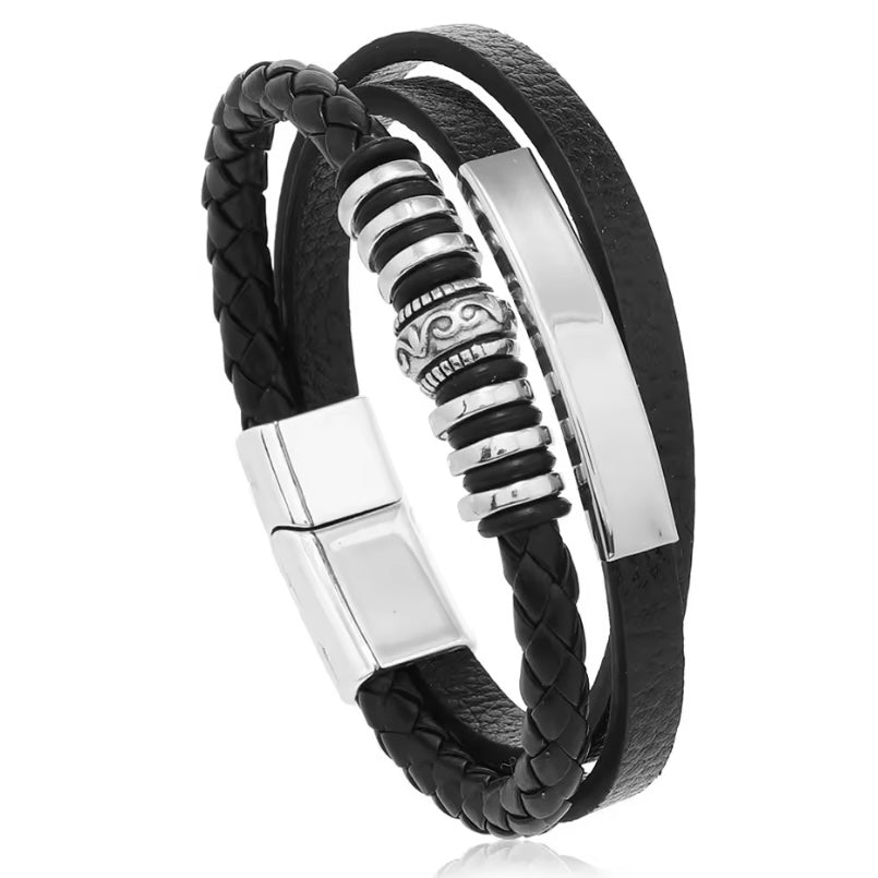 Trendy Lederen Armbanden Voor Mannen – RVS Armband 21CM | Meerlagig Gevlochten