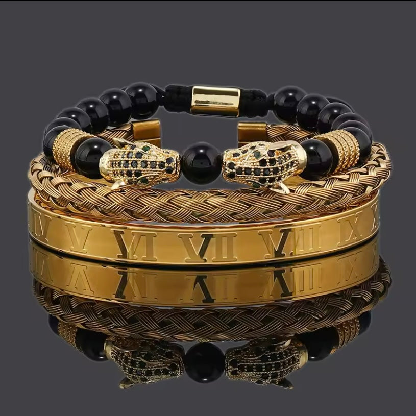 Luxe Zwarte Steen Kralen Armband – Luipaard Hoofd | Roestvrijstalen Romeinse Armband Set