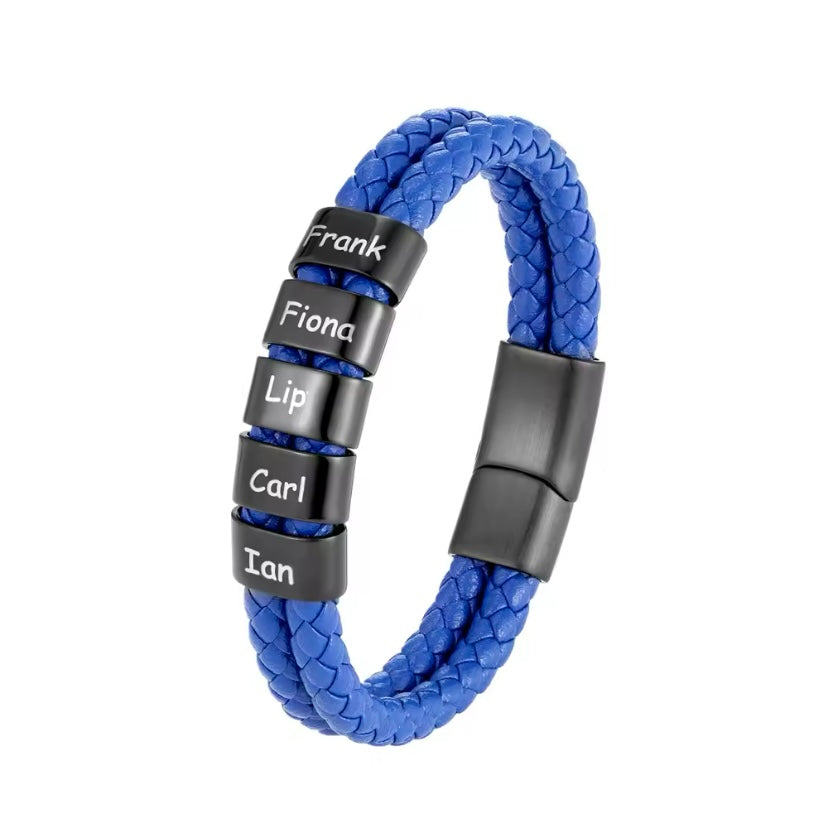 Personaliseerbare Familienaam Armband voor Mannen – Blauw Gevlochten Leer met Roestvrijstalen Bedels