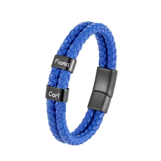 Personaliseerbare Familienaam Armband voor Mannen – Blauw Gevlochten Leer met Roestvrijstalen Bedels