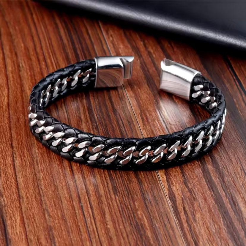 SteelVibe™ Gevlochten Lederen Armband voor Mannen in Punkstijl met Roestvrijstalen Bangle