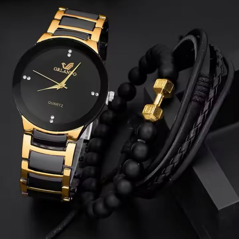 Luxe Heren Quartz Horloge  + 2 Gratis Armbanden