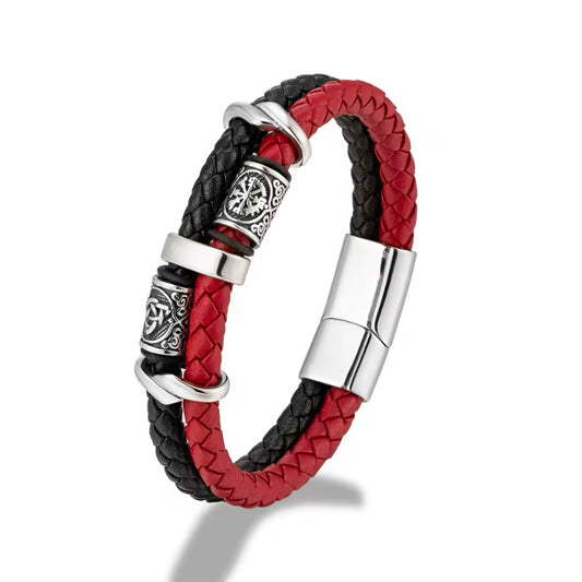 Viking Kompas Armband Rood – Roestvrij Staal & Gevlochten Lederen Amulet met Norse Runen